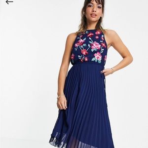 ASOS Design pleated midi dress with embroidery in navy